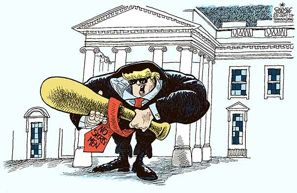 Oliver Schopf, editorial cartoons from Austria, cartoonist from Austria, Austrian illustrations, illustrator from Austria, editorial cartoon Donald Trump president of the united states of america USA TRUMP SPORTS NFL NBA KNEELING BOUNCER WHITE HOUSE CLUB 
