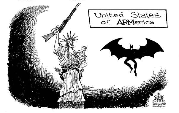 Oliver Schopf, editorial cartoons from Austria, cartoonist from Austria, Austrian illustrations, illustrator from Austria, editorial cartoon world 2012 USA STATUE LIBERTY BATMAN MOVIE THEATRE DARK KNIGHT RISES AURORA MASSACRE SHOOTING GUNS ARMS  

