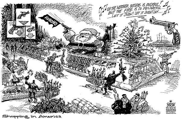 Oliver Schopf, editorial cartoons from Austria, cartoonist from Austria, Austrian illustrations, illustrator from Austria, editorial cartoon politics politician International, Cartoon Arts International, New York Times Syndicate, Cagle cartoon 2015 USA GUNS NATIONAL RIFLE ASSOCIATION SHOP MARKET GUNS WEAPON SANTA CLAUS HOHOHO SHOOTING CHRISTMAS SONG LET IT SNOW
