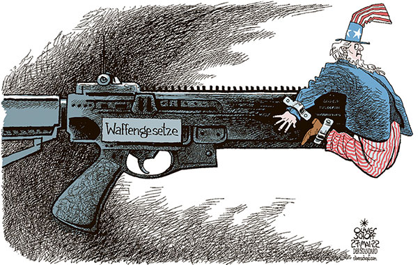 Oliver Schopf, politischer Karikaturist aus Österreich, politische Karikaturen aus Österreich, Karikatur Cartoon Illustrationen Politik Politiker international 2022: USA WAFFEN WAFFENGESETZE AMOK SCHULE TEXAS UVALDE UNCLE SAM GEFESSELT 
