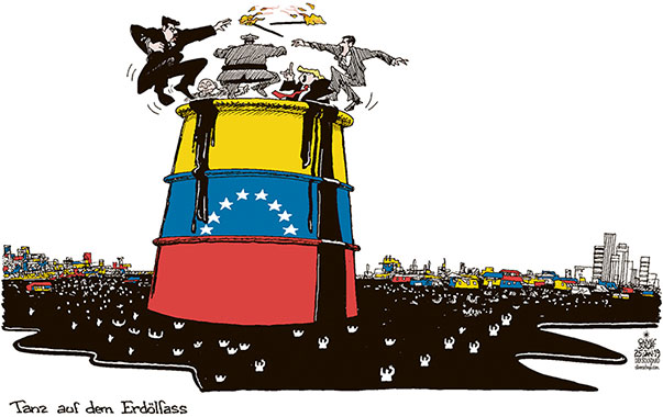  Oliver Schopf, politischer Karikaturist aus Österreich, politische Karikaturen, Illustrationen Archiv politische Karikatur Welt Südamerika 2019 VENEZUELA KRISE PRÄSIDENT MADURO JUAN GUAIDÓ TRUMP PUTIN ERDÖL FASS TANZ VULKAN ARME BEVÖLKERUNG EXPLOSIVE BRANDHERD PULVERFASS 




