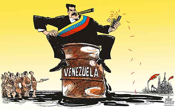 Oliver Schopf, editorial cartoons from Austria, cartoonist from Austria, Austrian illustrations, illustrator from Austria, editorial cartoon Middle and South America 2017 VENEZUELA MADURO DICTATORSHIP OIL BARREL CIGAR FIRE SPARK HUNGRY PEOPLE     

