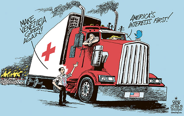 Oliver Schopf, editorial cartoons from Austria, cartoonist from Austria, Austrian illustrations, illustrator from Austria, editorial cartoon Middle and South America 2019 VENEZUELA GUAIDÓ USA MIKE PENCE TRUMP TRUCK CARE RED CROSS HELP AID PROTEST BORDER     
