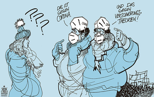 Oliver Schopf politische Karikaturen: Bei den Demonstrationen gegen die Corona-Maßnahmen diverser Regierungen bedarf es mittlerweile besonderer Masken, wie z.B. gegen das Virus der Verschwörungstheorie der „Querdenker“-Bewegung.
Oliver Schopf, politischer Karikaturist aus Österreich, politische Karikaturen aus Österreich, Karikatur Cartoon Illustrationen Politik Politiker international 2021: CORONAVIRUS KRISE SARS-CoV-2 COVID-19 FFP2 MASKEN MUND- UND NASENSCHUTZ VERSCHWÖRUNGSTHEORIE DEMONSTRATIONEN QUERDENKER RECHTSEXTREME CORONAMASSNAHMEN LOCKDOWN