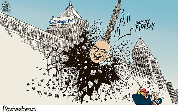 Oliver Schopf, politischer Karikaturist aus Österreich, politische Karikaturen aus Österreich, Karikatur Cartoon Illustrationen Politik Politiker international @oliverschopf.bsky.social 2026: USA THE WASHINGTON POST GEBÄUDE ONE FRANKLIN SQUARE JEFF BEZO AMAZON KÜNDIGUNGEN ABRISSBIRNE TRUMP PRESSEFREIHEIT YOU ARE FIRED 


