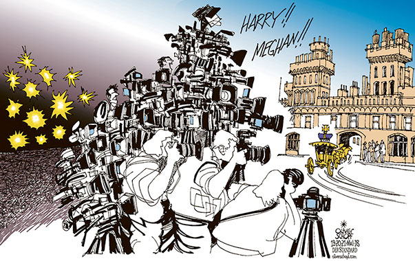  Oliver Schopf, politischer Karikaturist aus Österreich, politische Karikaturen, Illustrationen Archiv politische Karikatur Europa Great Britain UK England Schottland Irland 2018 GROSSBRITANNIEN WINDSOR CASTLE HOCHZEIT PRINZ HARRY MEGHAN MARKLE MEDIEN FOTOGRAFEN TV PAPARAZZI BRANDHERDE WELTPOLITIK KAMERASCHWENK

