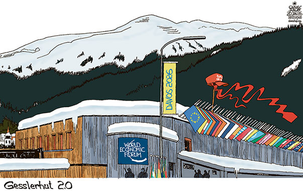 Oliver Schopf, politischer Karikaturist aus Österreich, politische Karikaturen aus Österreich, Karikatur Cartoon Illustrationen Politik Politiker international @oliverschopf.bsky.social 2026: WEF WORLD ECONOMIC FORUM WELTWIRTSCHAFTSFORUM DAVOS TRUMP KONGRESSZENTRUM FRIEDRICH SCHILLER DRAMA WILHELM TELL GESSLER HUT GRÜSSEN KAPPE MAGA KRAWATTE
