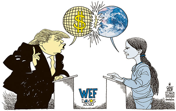  Oliver Schopf, politischer Karikaturist aus Österreich, politische Karikaturen, Illustrationen Archiv politische Karikatur Welt Klima und Umwelt 2020 WORLD ECONOMIC FORUM DAVOS WEF TRUMP GRETA THUNBERG KLIMA KAPITALISMUS ERDE PLANET GELD WELT REDE
