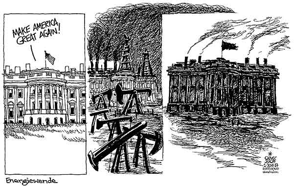  Oliver Schopf, politischer Karikaturist aus Österreich, politische Karikaturen, Illustrationen Archiv politische Karikatur Welt USA Donald Trump Präsident der Vereinigten Staaten von Amerika 2017 USA TRUMP WEISSES HAUS ENERGIE ENERGIEWENDE ÖL KOHLE GAS RUß SCHWARZ GESCHWÄRZT 




