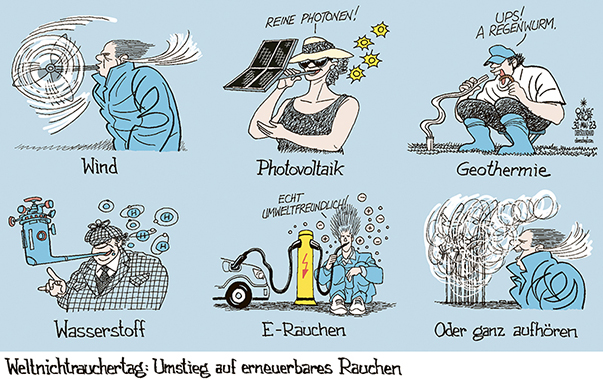 Oliver Schopf, politischer Karikaturist aus Österreich, politische Karikaturen aus Österreich, Karikatur Cartoon Illustrationen Politik Politiker international 2023: WELTNICHTRAUCHERTAG ERNEUERBARE ENERGIEN UMWELTFREUNDLICH GRÜN GESUND GESUNDHEIT WIND PHOTOVOLTAIK GEOTHERMIE WASSERSTOFF E-AUTO
       