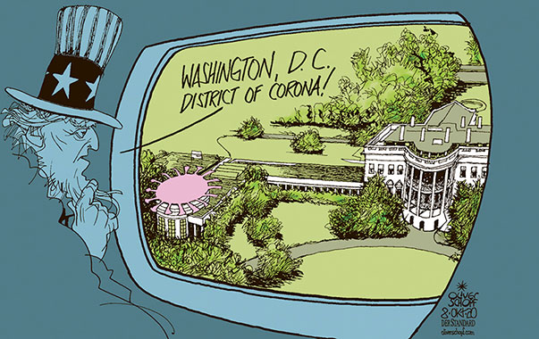 Oliver Schopf politische Karikaturen: US-Präsident Trump infiziert mit dem Coronavirus kehrt nach drei Tagen Spitalsaufenthalt wieder ins Oval Office zurück. Da bekommt der Name Washington, D.C. gleich eine andere Bedeutung
Oliver Schopf, politischer Karikaturist aus Österreich, politische Karikaturen aus Österreich, Karikatur Cartoon Illustrationen Politik Politiker international 2020: USA WASHINGTON D.C. WEISSES HAUS VON OBEN OVAL OFFICE TRUMP COVID-19 SARS-CoV-2 POSITIV INFEKTION UNCLE SAM FLUGZEUG FENSTER FLUG
