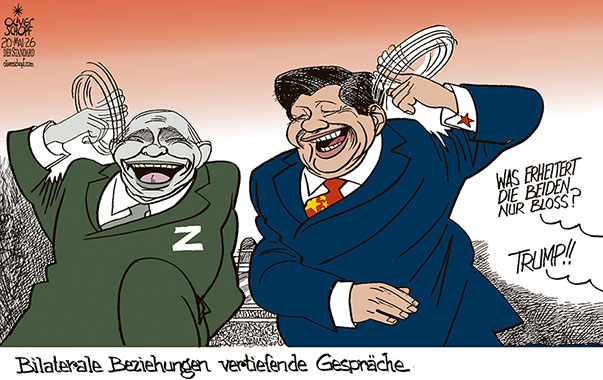 Oliver Schopf, politischer Karikaturist aus Österreich, politische Karikaturen aus Österreich, Karikatur Cartoon Illustrationen Politik Politiker international @oliverschopf.bsky.social 2026: CHINA PUTIN BESUCH XI JINPING BILATERALE GESPRÄCHE LACHEN TRUMP FREUNDSCHAFT


