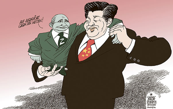 Oliver Schopf, politischer Karikaturist aus Österreich, politische Karikaturen aus Österreich, Karikatur Cartoon Illustrationen Politik Politiker international 2022: XI JINPING PUTIN USBEKISTAN SAMARKAND GIPFELTREFFEN SHANGHAI COOPERATION ORGANIZATION SCO EWIGE FREUNDSCHAFT FREUNDE AUGENHÖHE 
  