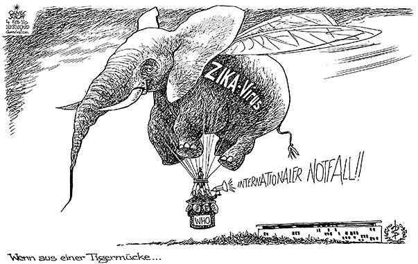 Oliver Schopf politische Karikatur: WHO warnt vor dem Zika-Virus Oliver Schopf, politischer Karikaturist aus Österreich, politische Karikaturen aus Österreich, Karikatur Cartoon Illustrationen Politik Politiker international 2016 GESUNDHEIT ZIKA VIRUS BRASILIEN TIGERMÜCKE ELEFANT WELTGESUNDHEITSORGANISATION WHO PANDEMIE HEISSLUFTBALLON AUFBLASEN
